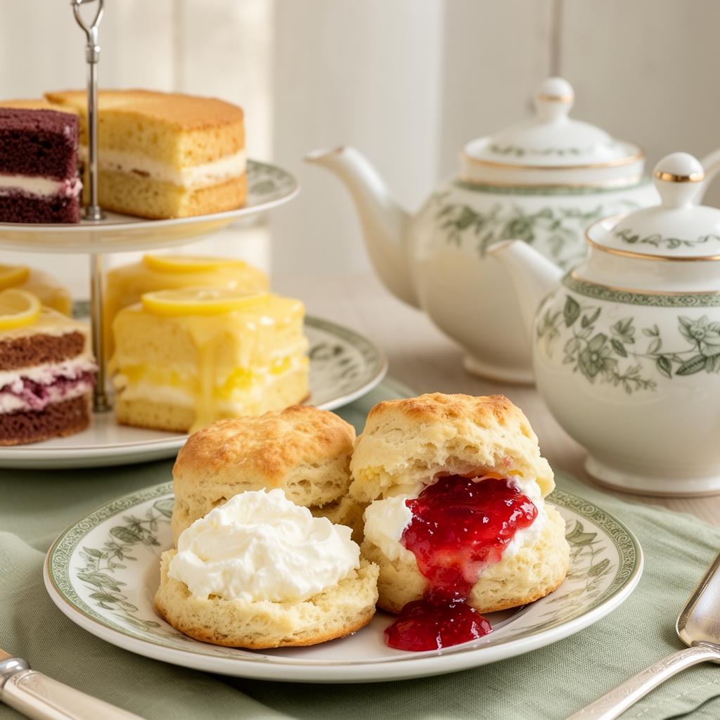 Scones with clotted cream and jam, cake stand with sponge slices, and a vintage china teapot