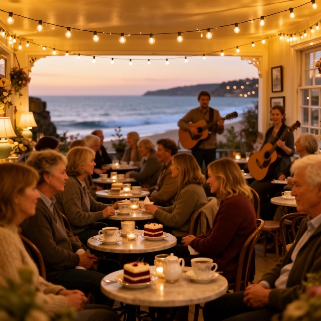 Cosy evening event at the tea room with string lights and live music